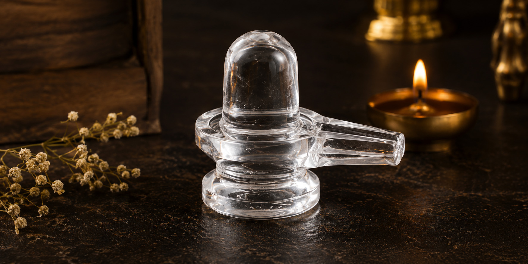 Clear Sphatik Lingam in a sacred setting with warm devotional lighting